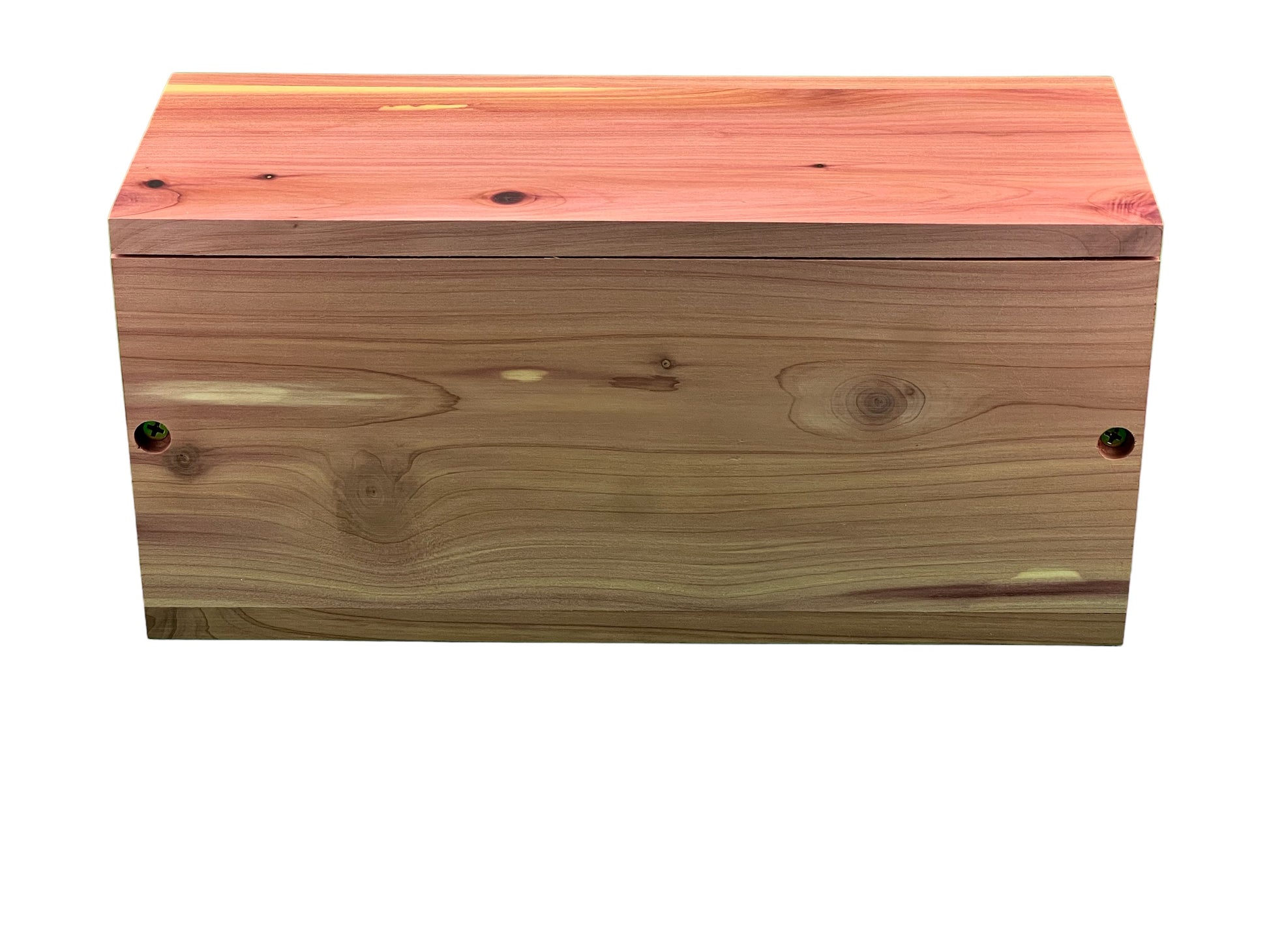 Bottom view of cedar pet urn with 2 screws